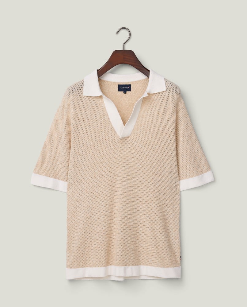 Kortärmad stickad tröja med krage, ljusbeige Lexington