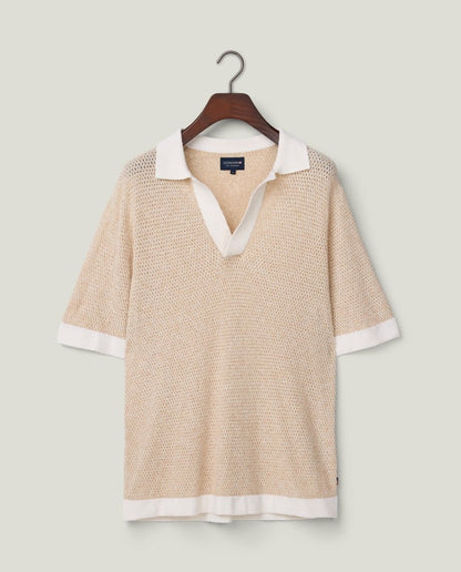 Kortärmad stickad tröja med krage, ljusbeige Lexington